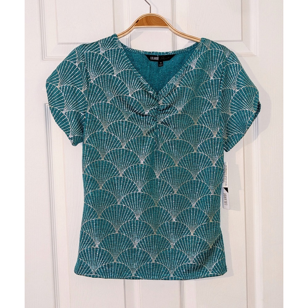 LuLaRoe Elegant Mary Top Twist Front Mermaid Metallic Fan Print Blouse‎ XS NWT